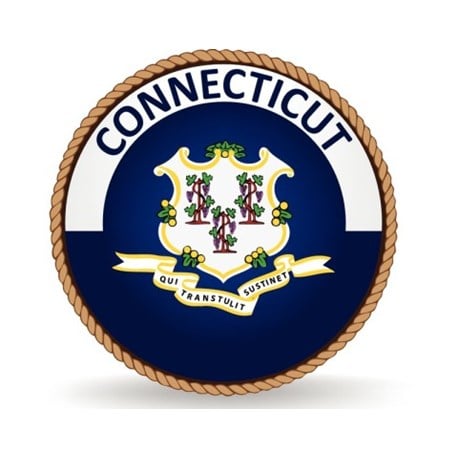 A rope circles the word CONNECTICUT and the state flag of a shield with 3 grapevines and banner in Latin