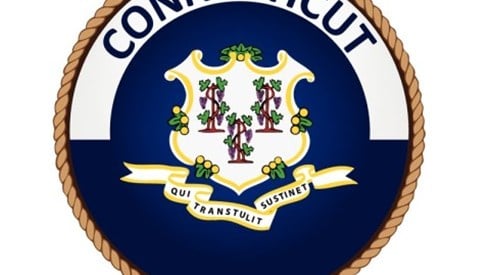 A rope circles the word CONNECTICUT and the state flag of a shield with 3 grapevines and banner in Latin
