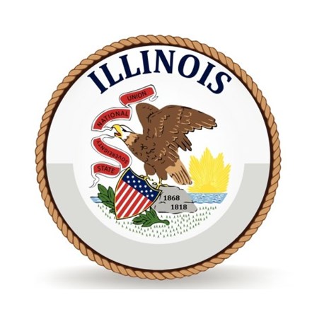 A rope circles the word ILLINOIS and an eagle with a banner in its beak and shield in its talons and is perched on a rock