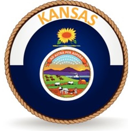 A rope circles the word Kansas and a sunflower sitting over a bar of gold and light blue above the state seal