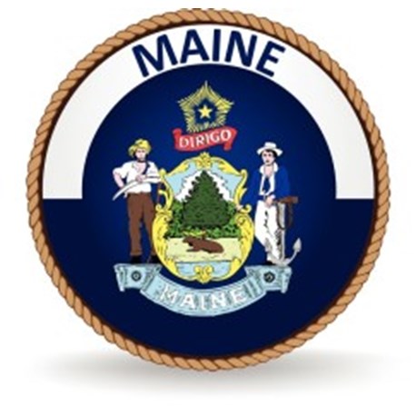 A rope circles the word MAINE and a farmer and sailor on each side of a shield with a moose resting in a field