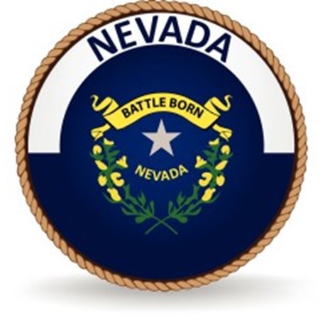 A rope circles the word NEVADA and the state emblem of a silver star with a golden-yellow scroll with the words BATTLE BORN