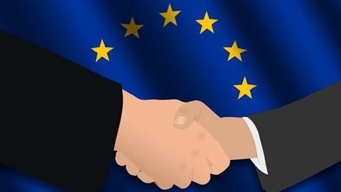 Cartoon businessman hands shaking in front of the European Union flag
