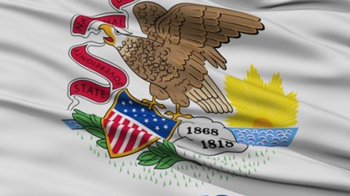 The Illinois flag has an eagle with a banner in its beak and shield in its talons and is perched on a rock