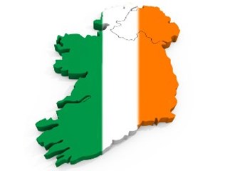 Silhouette of Ireland in the green, orange, and white colors of the Irish flag