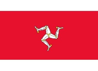 Isle of Man flag depicting a triskelion of three armored legs on a red background