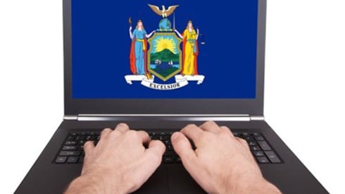 Male hands typing on laptop with blue background and New York seal