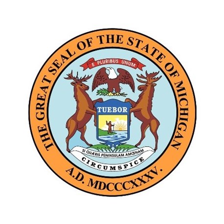 The Great Seal of the State of Michigan has a bald eagle, an elk and moose holding a shield