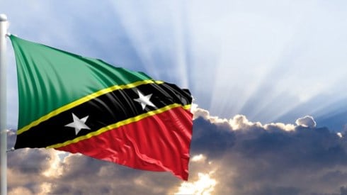 The Saint Kitts and Nevis flag has a diagonal yellow-edged black band with 2 stars and green upper and red lower triangles