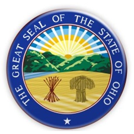 Ohio State Seal has a sheaf of wheat and a bundle of arrows in front of a river between fields and a mountain and rising sun
