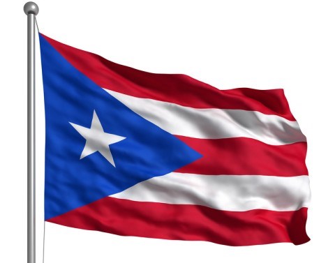 The Puerto Rican flag with 5 alternate red and white stripes on the right and a white star in a blue triangle on the left