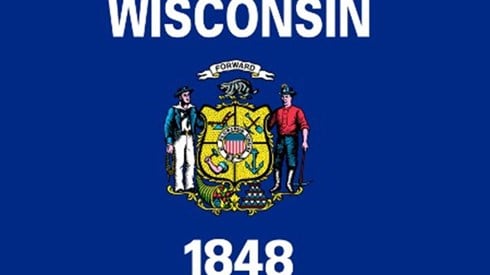 The Wisconsin State Flag is navy blue with the words WISCONSIN and FORWARD above the state seal and 1848 below