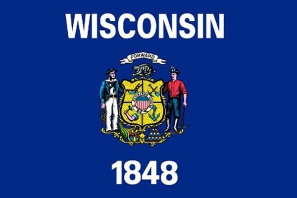 The Wisconsin State Flag is navy blue with the words WISCONSIN and FORWARD above the state seal and 1848 below