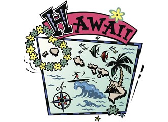 A graphically drawn map of the Hawaiian Islands with a lei, surfer on waves,  colorful fish, and HAWAII printed at the top