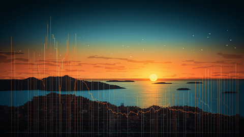 Line Graph Superimposed over Scene of Sunrise over Water Horizon with Islands in Foreground