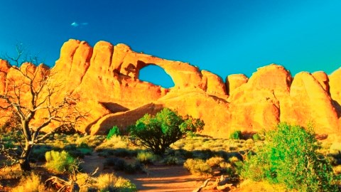 A row of orangish colored Utah rocks with an arch in the middle, green scrub bushes, and reddish dirt against a blue sky with small clouds