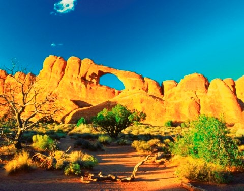 A row of orangish colored Utah rocks with an arch in the middle, green scrub bushes, and reddish dirt against a blue sky with small clouds