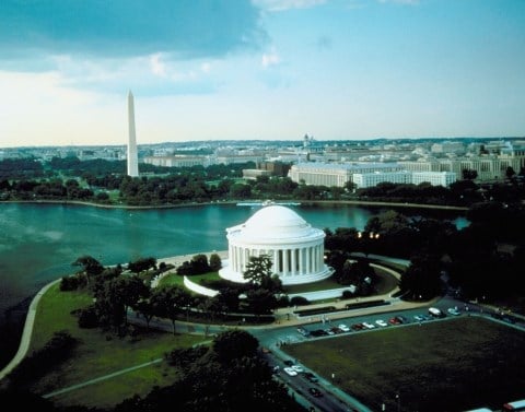 Elevated view of Washington DC showing the Thomas Jefferson Memorial and Washington Monument with Potomac River