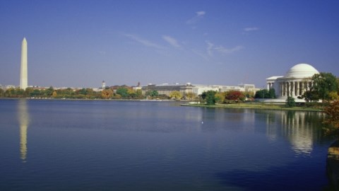 Landscape of Washington DC over water and monuments