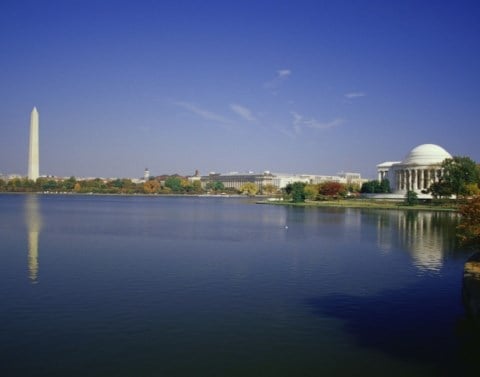 Landscape of Washington DC over water and monuments