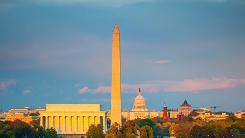 Washington DC skyline showing Lincoln Memorial and Washington Monument and United States Capitol Building