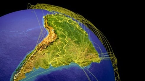 View of South America from space with lines coming out of cities
