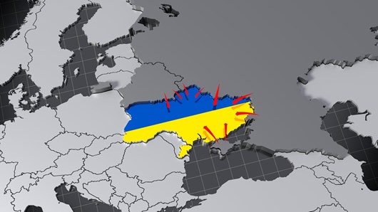 A grey-scale map of Europe with Ukraine colored in with its flag's colors (yellow and blue) and red arrows pointing toward Ukraine from Belarus, Russia, and Crimea