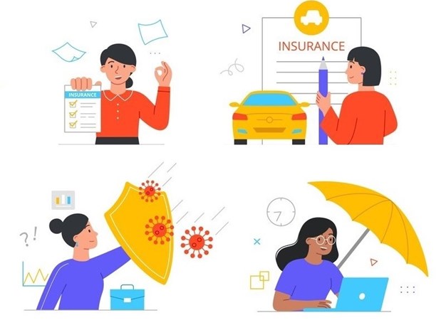 Four illustrations depicting an insurance career - insurance checklist - auto insuance contract - pandemic coverage - cyber coverage