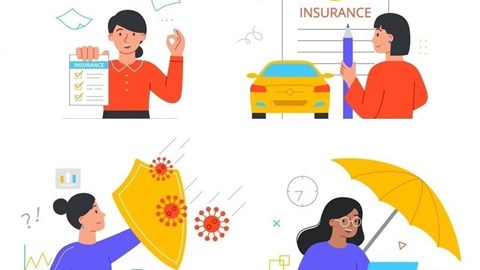 Four illustrations depicting an insurance career - insurance checklist - auto insuance contract - pandemic coverage - cyber coverage
