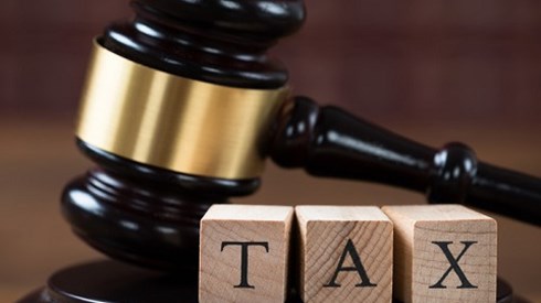 Gavel and base behind three building blocks that spell the word TAX