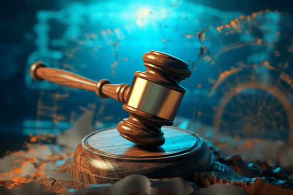 A Gavel Rests Atop a Wooden Sound Block with Muted Globe and Sky in the Background and Cliffs Underneath