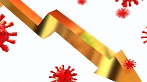 Gold arrow zigzagging downward surrounded by red bacteria molecules
