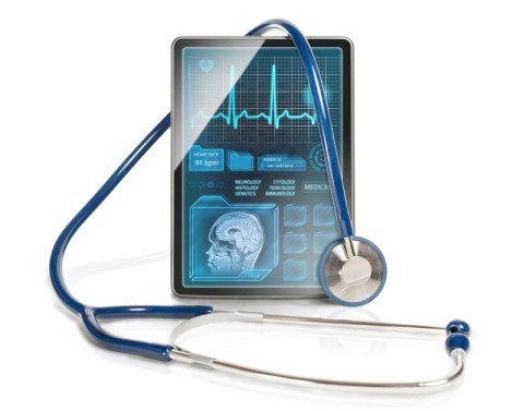 A tablet with medical information and a stethoscope draped over it
