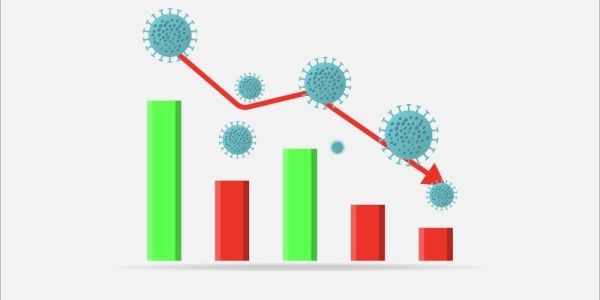 Green and red bar graphs with red up and down arrow and virus molecules
