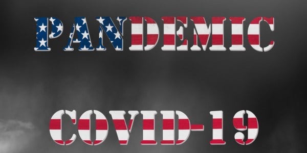 The words PANDEMIC COVID19 stenciled with the stars and stripes of the American flag with a grey-black sky background