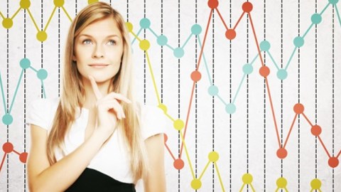 Businesswoman thinking optimistically with statistical chart of three different colored lines and points in background
