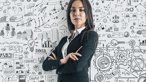 Businesswoman standing confidently in front of a whiteboard filled with icons of risk financing concepts