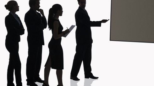 Silhouettes of businesspeople watching a video presentation on a screen