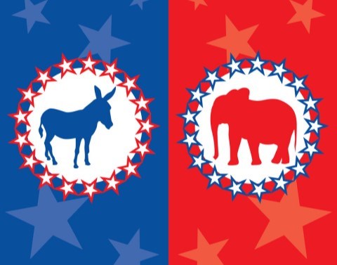The Democrat and Republican donkey and elephant symbols surrounded by stars on a blue and red background