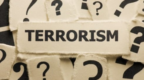 Terrorism and question marks typed on torn paper
